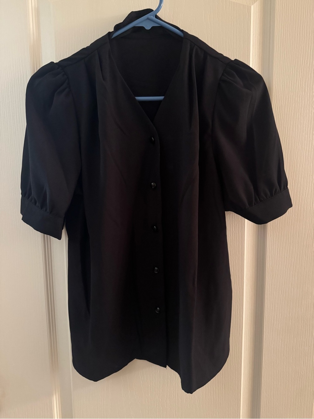 Classic Black Puff-Sleeve Button Front Top